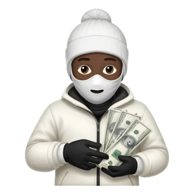 Ski mask holding money bag with black skin color white sticker