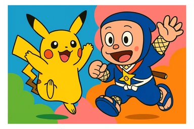 Pokemon and Ninja Hattori together, playful pose, vibrant cartoon style, colorful, dynamic, cheerful sticker