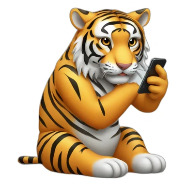 tiger sitting on 8 feet having phone in hand  sticker