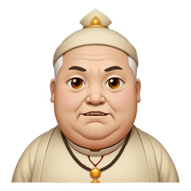 fat temple priest with a scary look and a closed, troubled smile, subtle temple background sticker