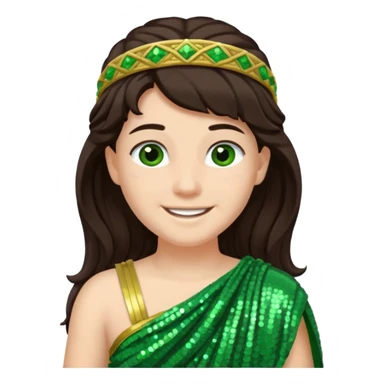 Juno from Roman Deities with long dark brown hair, green sequin toga sticker