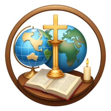 An icon featuring a holy book, a candle, a cross, and Islamic crescent and star, alongside a Buddhist wheel of Dharma, symbolizing religious studies. The design includes a globe with these symbols, representing the diversity of beliefs. Transparent background  sticker