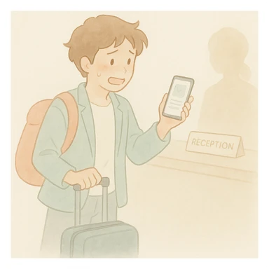Create an illustration of a person with an excited, slightly nervous expression standing at a hotel reception desk, holding their luggage and a booking confirmation on their phone. The style should be soft watercolor with pastel colors, delicate linework, a gentle, whimsical mood, anime-inspired features, and minimal, soft shading. Maintain the original watercolor art style and mood. sticker