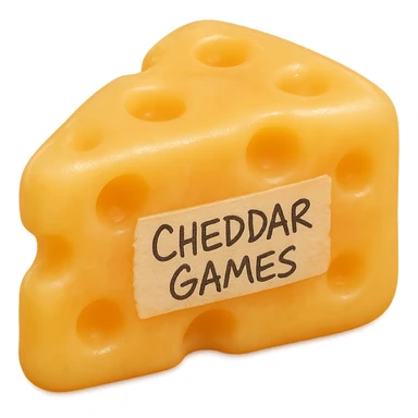 Place the tape with 'Cheddar Games' in messy Sharpie handwriting in the center of the cheese wedge. Make the cheese look soft, almost like a gummy bear, with more rounded edges and a translucent, glowing appearance. Keep the Swiss-style holes. Render in a hyper-realistic, retro 90's toy plastic texture with soft reflections, soft and squishy feel, some cloudiness, not shiny, highly detailed, and appealing. No background. Extremely high quality. sticker