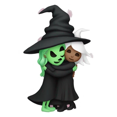 Witch dressed in black with green skin hugging pink dressed white witch sticker