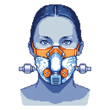 Pixelated blue VO2 max face mask with breathing tubes and valves, no person sticker