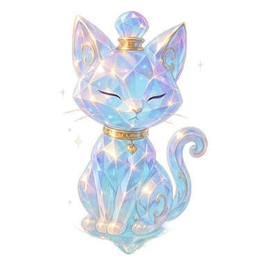 luxurious crystal elixir bottle in the shape of a kitten, pastel gradient, lots of glowing highlights, edges, ornaments, golden details, magical effects, very small golden collar, transparent background, beautiful merging base, clearly hanging in the air, no base or shadow, premium class impression, playful and interesting design, fitting a collection of crystal, luxurious, magical bottles sticker
