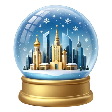 Apple style 3D emoji of a crystal snow globe. Inside the globe are the glowing skyscrapers of Moscow City (Federation Tower and Evolution Tower) covered in snow. Golden sparkles and snowflakes floating inside. High-quality
3D render, glossy glass, soft lighting, isolated on a white background. sticker
