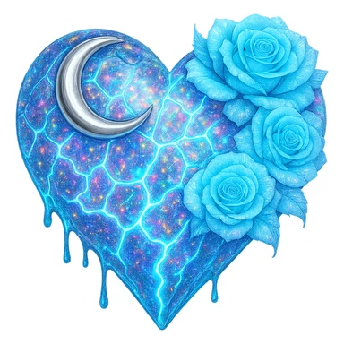 Add much more holographic stardust to the gothic heart with fractured light blue glass, silver crescent moon, light blue roses, neon lightning bolts, and a wet, shiny finish. Keep the background transparent. sticker