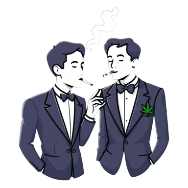 Two men in tuxedos smoking cannabis at a wedding party sticker