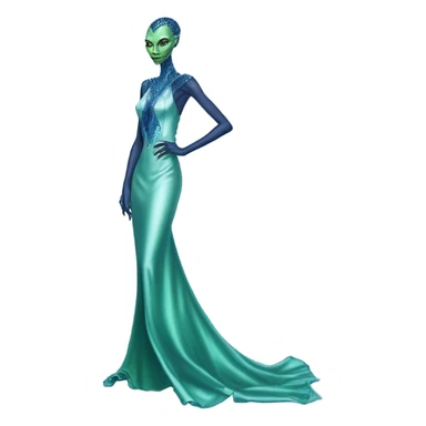 reptilian green alien woman, in long slim pastel blue formal party satin dress with gradient shiny sparkling navy blue diamonds embroidered, full body full figure sticker