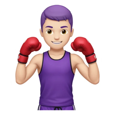 now make a boy whose white smiling in purple kickboxing full shirt with Fighting HARD on the shirt sticker
