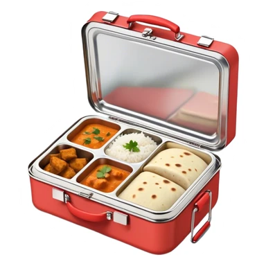 traditional Indian lunchbox (tiffin) with three compartments, each filled with Indian food—one with rice, one with curry, and one with naan or chapati. The lunchbox should be open, showing the food inside, with steam rising to indicate it’s fresh and hot. sticker
