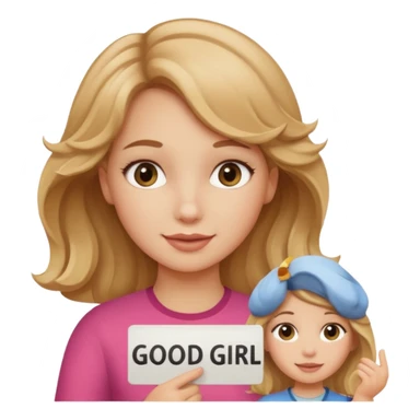 Can you make her more browny blonde with a slight curl in her hair with rosy cheeks holding a sign saying good girl  sticker