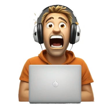 explosion face man wearing headphones, very surprised with wow face, mind blown looking at laptop sticker