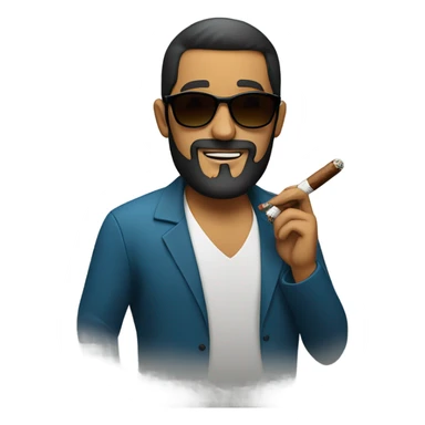 Latino man wearing sunglasses and smoking a cigar. He has a beard sticker