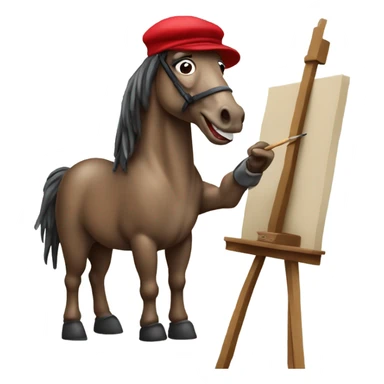 horse artist wearing a beret and standing in front of an easel with a paintbrush in his mouth sticker