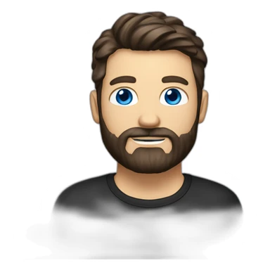 White man with a sun kissed tan and blue eyes. His hair is dark brown, styled sideways backwards. He has a beard and mustache trimmed. Wears s black t-shirt. sticker