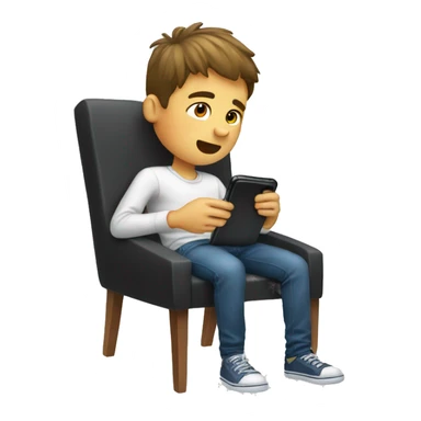 A boy using phone sitting on the chair with legs upside sticker