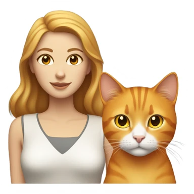 a woman with light brown hair, lightly tanned white skin with honey-colored eyes, and an orange cat with yellow eyes sticker