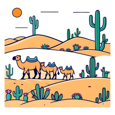 ￼ Make there be cactuses and tan sand, and in the flowers blooming on the cactuses camels with people riding on the camels sticker