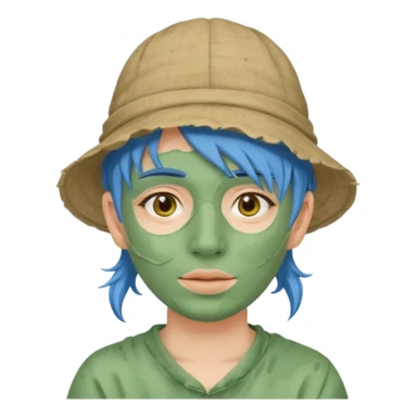 messy green full face clay mask and tourist hat blue hir sticker