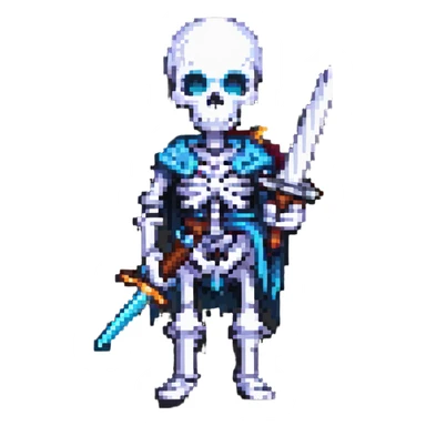 pixel art skeleton holding a sword, simple and bold sticker