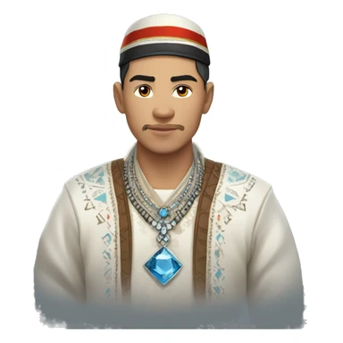 Male, Young man (around 30 years old). Is dressed in a traditional Yakut national costume with modern elements. Around his neck, there is an amulet shaped like a diamond. sticker
