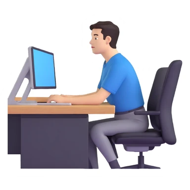 person with excessively sloping shoulders, looking away, sitting at an office desk, symbolizing shirking responsibility sticker