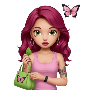 a pretty fair bratz girl with wavy dark red hair, wearing a pink tank top , carrying a matcha and a pink bag. eyeliner on. butterfly tattoo on arm sticker