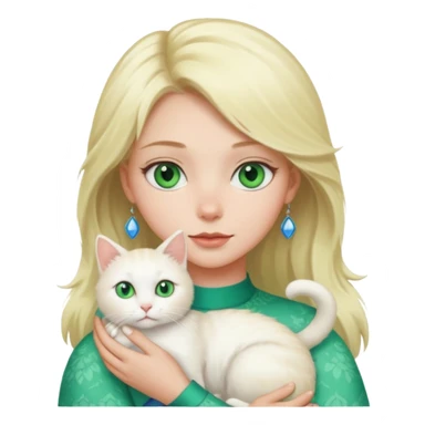 Blonde girl with green eyes holding a white cat with blue and green eyes sticker
