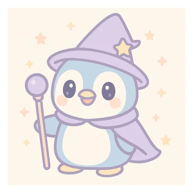 whimsical style penguin dressed as a wizard, wearing a pointed hat and holding a magic staff sticker