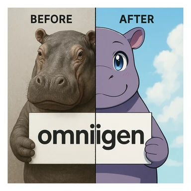 two hippo holding sign of omnigen, half picture 1 hippo is realistic another half is the anime of that same second hippo, with before after mark sticker