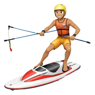 An icon showing an athlete balancing on two water skis, holding onto a rope pulled by a speedboat. Water splashes trail behind as the skier rides across the surface with no poles. Transparent background emphasizes the excitement and balance of water skiing. sticker