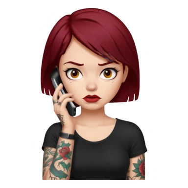 generate a girl with dark red hair, tattoos, short black hair calling on the mobile phone. Looking mad sticker