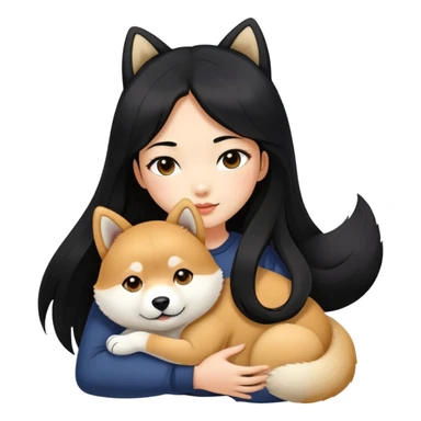 A beautiful girl with long black hair hugs a Shiba Lnu sticker