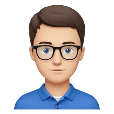 Scott The Woz Young white man, late 20s, short brown hair, blue eyes, clean-shaven, thin black rectangular glasses, slim build, wearing a blue polo shirt, friendly and energetic look. sticker