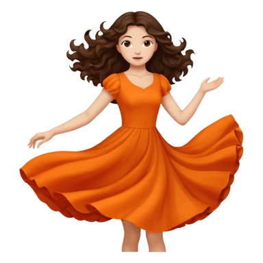 Long dark wavy hair women in orange standing spinning twirling around sticker