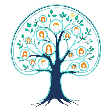 Luminous family tree with glowing portraits and ethereal translucent connecting lines floating in dreamlike space sticker