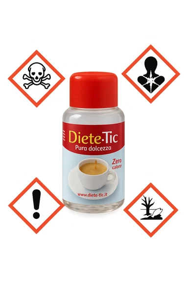BOCCETTA DI DOLCIFICANTE LIQUIDO CON LA SCRITTA "DIETE-TIC" SULL'ETICHETTA FLUTTUA IN ARIA INSIEME A SEGNALI DI PERICOLO 3D sticker