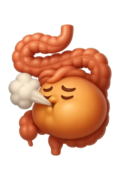 emoji stile iphone di un intestino che ingoia una nuvoletta di aria ben visibile e gli si gonfia la pancia, non fargli il naso, iperrealistico 4k sticker