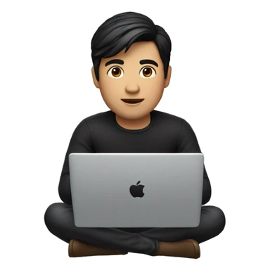 memoji of a man with a laptop in front, apple-style,modern,fair skin,black hair,black sweater,computer in hand,sitting on his desk sticker
