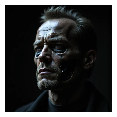 Terminator with half human half robot face, realistic style, dark atmosphere sticker