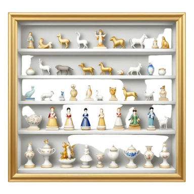 Icon for Porcelain Figurine Collecting: a collection of delicate porcelain figurines, such as animals, dancers, and historical characters, displayed on a shelf or in a display case. The icon should convey the elegance and artistry of collecting porcelain statues. Transparent background. sticker