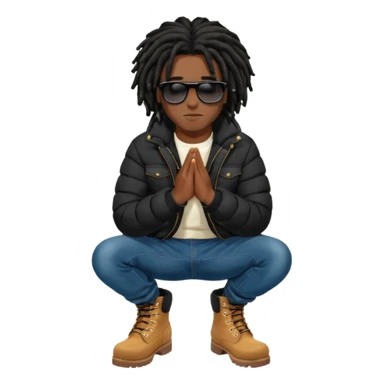 African American man brown skin complexion with black dreadlocks shoulder length wearing black bubble winter coat wearing black sunglasses with denim skinny jeans and timberland boots kneeling on one knee in prayer sticker