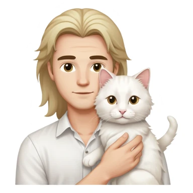 A young handsome Caucasian man in a white shirt holds a long-haired white cat sticker