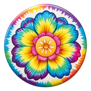 A round tie dye style colored button with a large rainbow colored flower in the center sticker