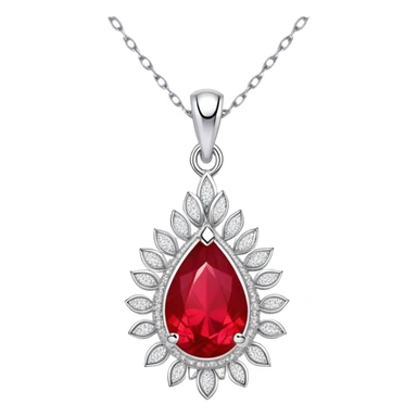 teardrop ruby pendant with fiery light, tiny phoenix feather, haloed by shimmering white stones, silver chain, symbolizing rebirth sticker