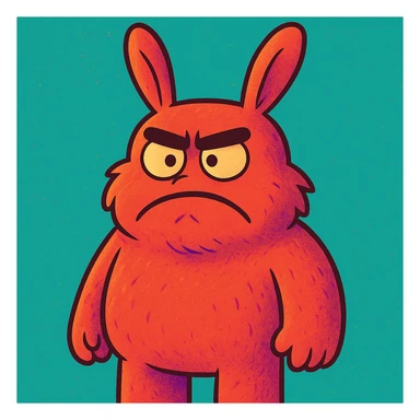 Close the monster's mouth, furrow the nonexistent eyebrows to express anger, add fur on the body, keep the cartoon style, rabbit ears, nine teeth not visible. Render in a colorful cartoon style. sticker