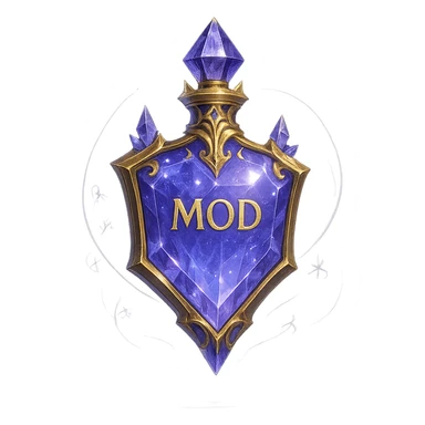 Extremely luxurious crystal elixir bottle in shield shape, color #7986cb, with inscription 'Mod', maximum glow, edges, ornaments, golden details, subtle magical effects, unique shape accents (e.g., additional crystals, light streams, magical symbols). Transparent background, beautiful seamless bottom, bottle clearly floating in air, no base or shadow, premium class, modern, fits collection. sticker